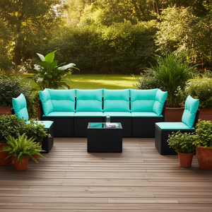 Set di divani da giardino in polyrattan nero da 7 pezzi con cuscini, mobili da esterno in stile contemporaneo, posti a sedere per 7 persone - Product Image 2