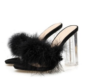 CSS22 new 2019 ladies square <strong>clear</strong> <strong>heels</strong> fur <strong>mules</strong> block <strong>heel</strong> women <strong>heels</strong> slides - Product Image 2