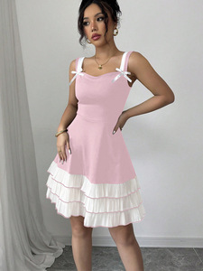 Vestido elegante de tirantes con corte en U y cintura natural, estilo pastel de varias capas en contraste, ideal para el verano y el otoño. - Product Image 5