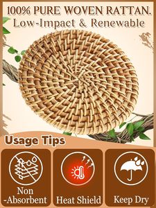 6 sous-verres en rotin naturel faits à la main avec support - Ensemble de sous-verres en osier, cadeaux de pendaison de crémaillère, décoration bohème estivale pour la maison, style côtier - Product Image 3