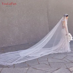 YouLaPan-velo de boda con cuentas para novia, velo sin peine de 1 capa, Perla de lujo V159, 3M/4M/5M de largo