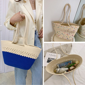 Sac fourre-tout en coton et lin pour femmes, sac à bandoulière de couleur unie avec coutures tressées, pour un usage quotidien, printemps 2023 - Product Image 3