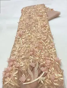 Кружевная ткань с 3D бусинами HFX, 2024 Высококачественная сетчатая вышивка, аппликация, 3D цветок, тюль, нигерийская кружевная ткань для невесты