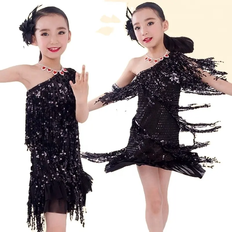 Bestdance बच्चों लड़की बच्चे के साथ लैटिन पोशाक फ्रिंज बॉलरूम सांबा नृत्य शो आउटफिट Sequined फ्रिंज ड्रेस <span class=keywords><strong>4</strong></span> रंग एस. एम.