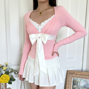 Camiseta de Punto de Manga Larga con Bloques de Color, Lazo, Encaje y Diseño de Dos Piezas Falsas, Estilo Dulce y Casual para Mujer - Product Image 6