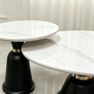 Ensemble de tables basses gigognes rondes modernes avec plateau en marbre, design minimaliste pour salon, base blanche - Product Image 6