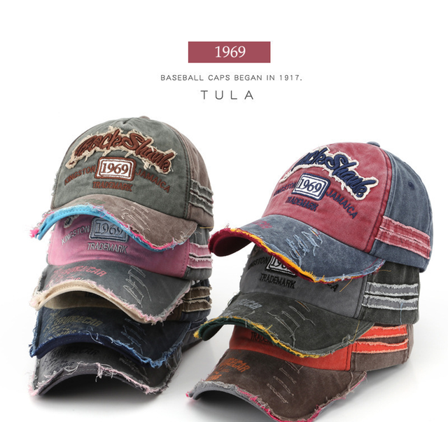 Baseball Cap Unisex Retro Washed 6-Panel Face Shaping Distressed 1969 Embroidery Frayed Brim Adjustable Cotton Sun Hat Wholesale
