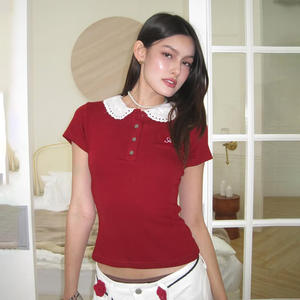 Camiseta de Manga Corta con Cuello de Muñeca y Botones, Color Sólido, Estilo Dulce y Femenino, Corte Ajustado, Top Básico de Verano para Mujer - Product Image 3