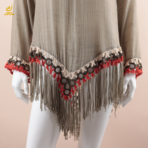 Europe et les états-unis nouvelle main crochet couture frange jupe de plage lâche crème solaire Blouse col en v femmes couvrir robe - Product Image 3