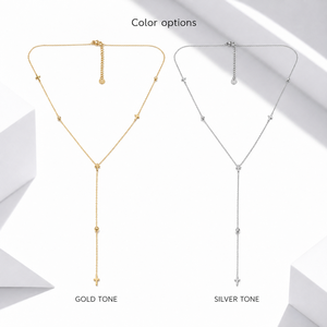 Cross Y Necklace Stainless Steel 14K <b>Gold</b> Vacuum Plated Bead Station Lariat 46cm Chain <b>Gold</b> and Silver Tone Options - Product Image 1