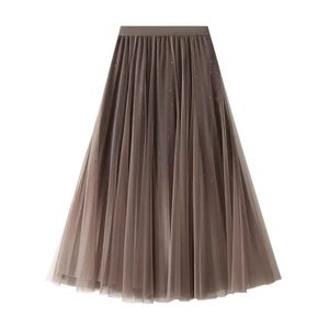 Falda midi plisada de gasa transpirable con degradado, corte A, estilo imperio, informal, de tul, con lentejuelas de estrella, para uso diario, con capas - Product Image 3