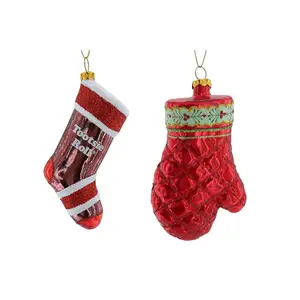 Handmade Red Glitter Mittens Socks Christmas Tree Ornament Hanging Glass Party Decorations for Christmas