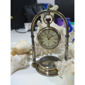 Antique Brass Compass Nautical <b>Table</b> Top <b>Clock</b> Mechanical Waterproof Snooze Function Round Traditional Desk Decor Watch - Product Image 2