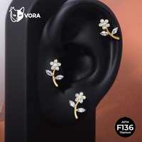 Anting-anting stud titanium VORA G23 F136 Flatback Tragus dengan ulir dalam, zircon, untuk tulang rawan helix, motif bunga, untuk anak-anak.