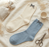 Chaussettes décontractées pour femmes, en coton doux et respirant, blanches et bleues, à volants et nœud, chaussettes unies pour dames