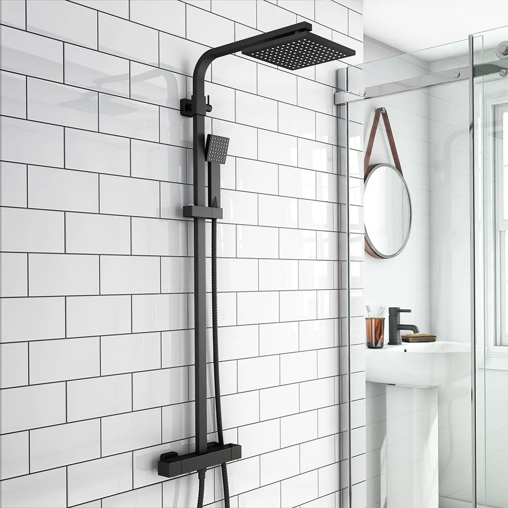 Matt Black Bathroom Square Thermostatic Mixer Shower Valve with Overhead Rain Shower and Handheld Anti-Scald Shower Faucets