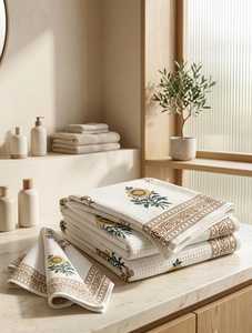 Indian Export Wholesale <b>Waffle</b> Cotton 1 Bath and 2 Hand Towel Set Hand <b>Block</b> Printed Quick Dry Soft Eco Friendly for Bath Travel - Product Image 1