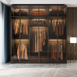 Armoire de chambre à coucher autoportante moderne en <span class=keywords><strong>bois</strong></span> ZD avec portes en verre, éclairage LED, armoire de rangement noire - Product Image 3