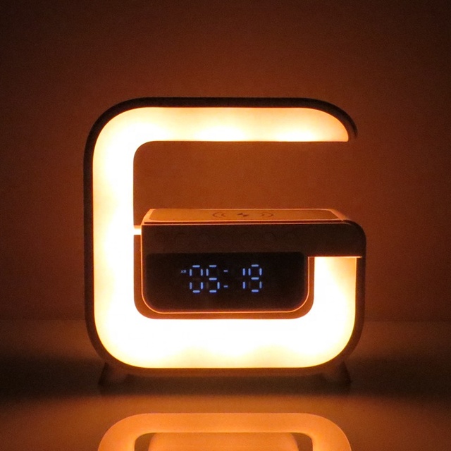 Mini G Shape Smart Desk Lamp, Cordless Bedside Table Lamp LED RGB Night Light Wireless Charger Lamps with Speaker Alarm Clock