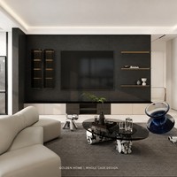 GoldenHome Minimalistische Hochwertige Maßgefertigte Esszimmerbar |   Inseltheke |   LED-Weinpräsentationsregal |   Marmor-Küchenrückwand |   Schwarze Hocker |