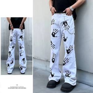 Calças queimadas estilo americano, <span class=keywords><strong>jeans</strong></span> branco estampado em palmeira na rua alta, calça para meninos e meninas com estampa de rua - Product Image 2