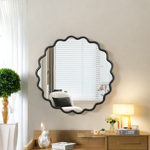 Specchio Ondulato in Legno Massello Nero 36x36, Decorazione Moderna da Parete per Camera da Letto, Bagno, Soggiorno - Product Image 3