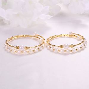 Zhuji Handmade Copper Plated Real Gold Multi-Layer Open <b>Bracelet</b> Freshwater Pearl Ball Shape Elegant <b>Elastic</b> Niche Design - Product Image 1