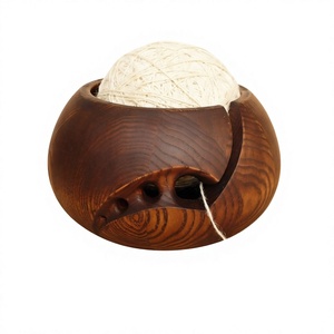 Wooden Yarn Bowl Round Simple Design Portable 15cm for Hand Knitting Convenient Storage with Blue and White Yarn Inside - Product Image 6