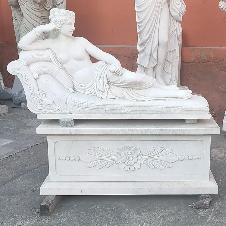 Escultura de Pedra do jardim Mulher Nua Figura Estátua Escultura de Mármore Branco Senhora Deitada Sobre O Treinador do Sexo Feminino