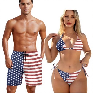American Flag Print Halter Neckline Couple <b>Swimwear</b> Matching Set Cheeky Bottom Bikini and Men Board <b>Shorts</b> Summer Beachwear - Product Image 4