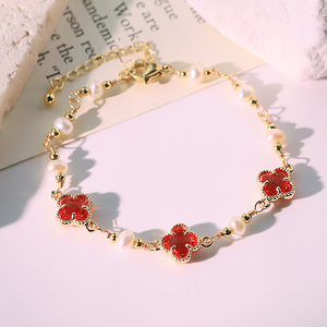 Bracciale con Perle di Trifoglio Rosso e Perline di Rame, Design Artigianale, Bracciale Classico, Regalo, Accessorio Gioiello da <span class=keywords><strong>Donna</strong></span> per Banchetti GB1267B - Product Image 1