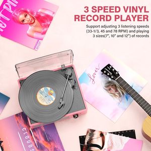 Tourne-disque <span class=keywords><strong>vinyle</strong></span> avec 2 haut-parleurs stéréo, entraînement par courroie, 3 vitesses, 3 tailles, sans fil, pour entrée AUX, RCA, casque, arrêt automatique - Product Image 5