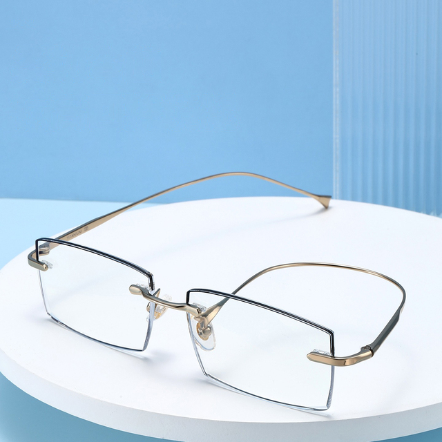 Rectangle Anti Blue Light Blocking Custom Prescription Lenses Titanium Rimless Optical Eyeglasses Eyewear Glasses Frames