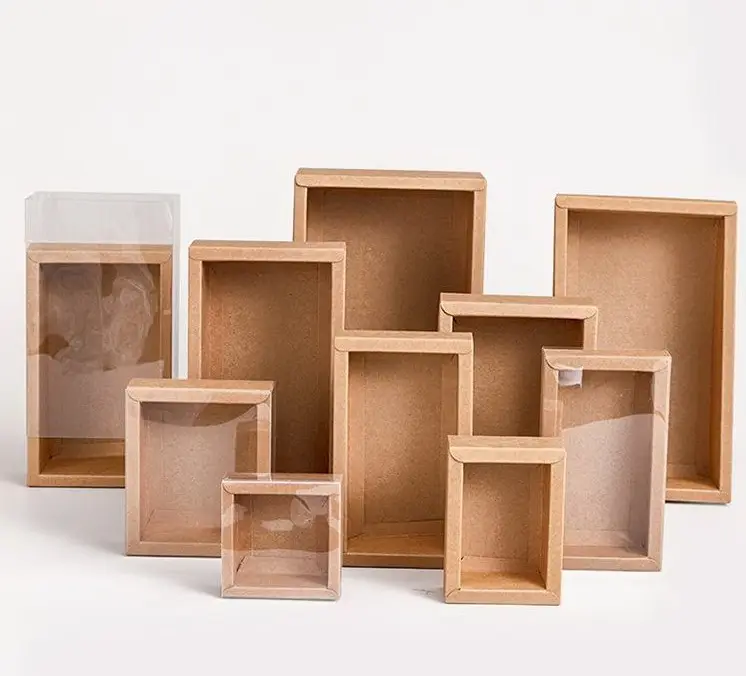 Faltfenster Schublade Verpackung Kraft papier Geschenk box für Tee Dessert Kuchen Papier box mit durchsichtigem PVC-Deckel