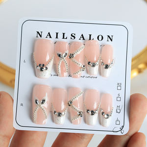 Faux ongles à presser faits main, longs, forme cercueil, rose de luxe, couvrance totale, avec strass étoiles en acrylique, prix usine en gros - Product Image 1
