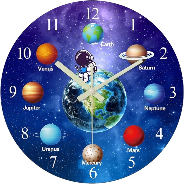 MDF Wood Kids Wall Clock Custom Logo Modern Round Simple Wooden Space Science Clock Solar System Planet Clocks Home Decoration