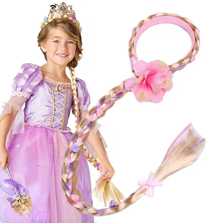 Hot sale princess elsa synthetic long wig headband bow flower hairband hair accessories