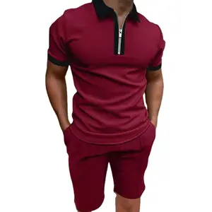 Men's Gym Polo Shirts Casual Short Sleeve Zipper and Shorts Breathable 2-Pack Polo Shirt Set