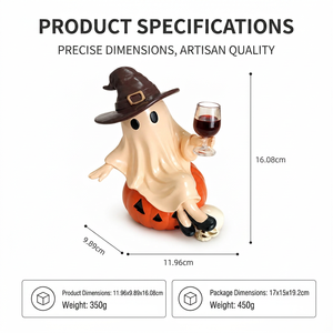 Figurine de fantôme d'Halloween en résine avec chapeau de sorcière, assise sur une citrouille, tenant un verre à vin, décoration de table pour fête à domicile - Product Image 4