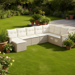 Set Divano da Giardino Moderno in Rattan con Contenitore, 6 Posti, Arredamento da Esterno, Design Contemporaneo, Struttura in Vimini Beige - Product Image 2