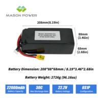 Batterie Lipo Mason Power 6S 22.2V 22000mAh 30C pour drone de relevé et de cartographie avec prise QS8 XT60 XT90 AS150