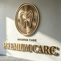 Plaque de signalisation personnalisée en métal 3D doré brossé avec logo dentaire en relief pour clinique dentaire de luxe, idéale pour l'identification de la marque à la réception.