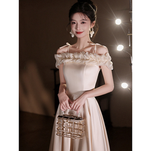 Off The Shoulder Satin Bridesmaid Dress Champagne A Line Natural Waist Strapless Formal Wedding Party Dress - Product Image 1