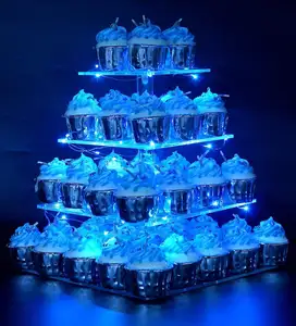 Tour à gâteau en acrylique Lucite, 4 niveaux, présentoir de cupcakes carré avec lumières LED, pour fête d'anniversaire et mariage