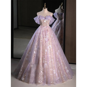 Pinkish Purple Off Shoulder Sequined Ball Gown Evening Dress Empire Waist Floral Print For Women Formal Events - Product Image 2