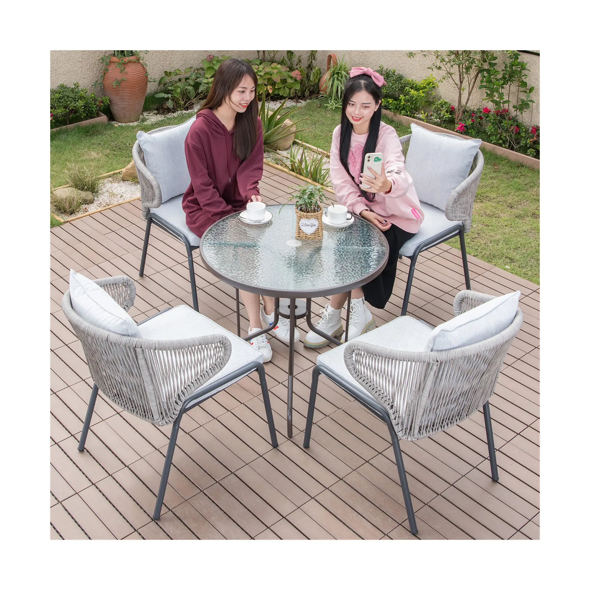 Factory rope outdoor furniture New Style Outdoor Rope Furniture Patio Dining Rattan Chairs and Marble Table garden chairs