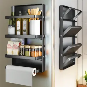 3-уровневая Металлическая черная Складная стойка для хранения на холодильник кухонная Магнитная стойка для специй с держателем для бумажных полотенец