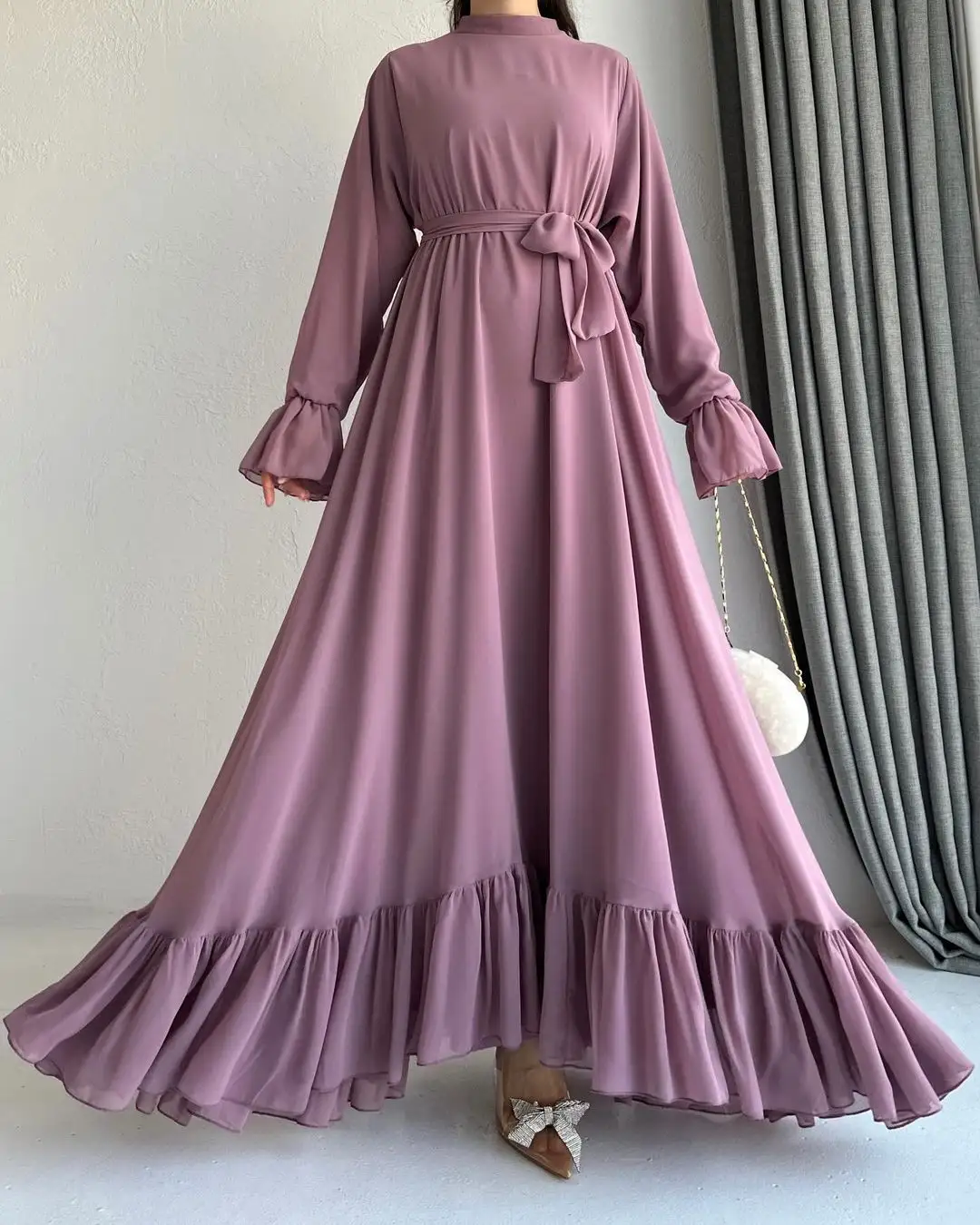Großhandel moderne modische islamische Kleidung Freizeitkleidung Damen Langtrikot Chiffon einfarbiges muslimisches Kleid