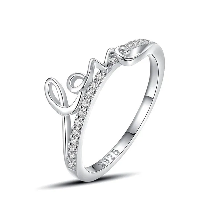 Luxo 925 Sterling Silver Letters LOVE CZ Diamond Moda Feminina Stacked Finger Ring