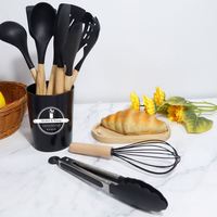 12-delige kleurrijke houten keukengereiset met zevenkleurige siliconen, hittebestendig, antislip, vaatwasserbestendig